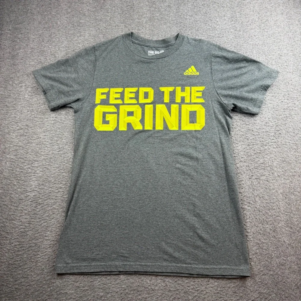 Adidas T-Shirt Men's Small Grey Feed The Grind Graphic Go-To Tee Neon Yellow